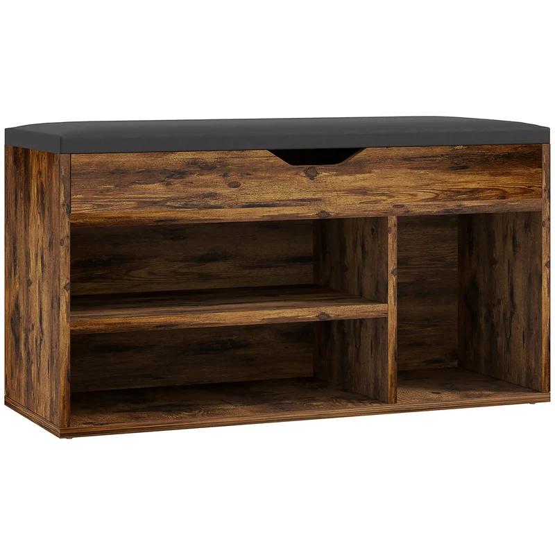 Shoe Bench with Padded Cushion, Hidden Storage, Rustic Brown