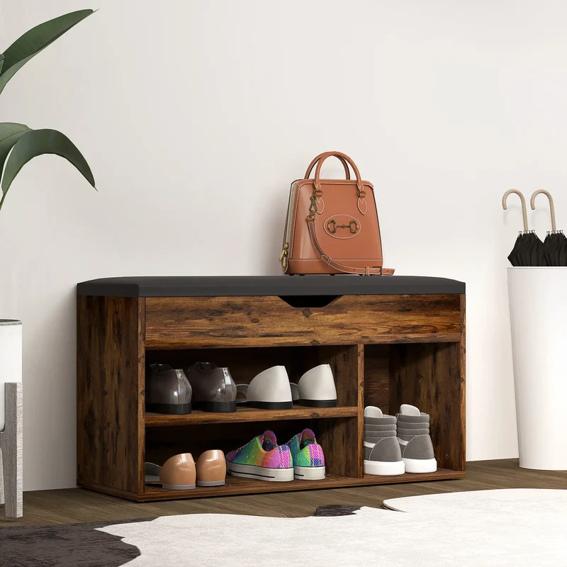 Shoe Bench with Padded Cushion, Hidden Storage, Rustic Brown