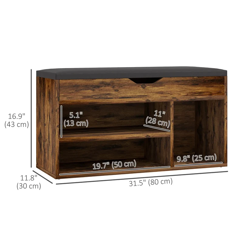 Shoe Bench with Padded Cushion, Hidden Storage, Rustic Brown