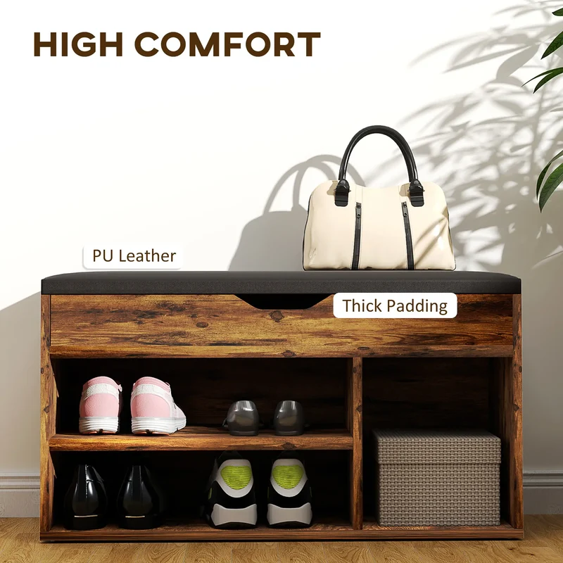 Shoe Bench with Padded Cushion, Hidden Storage, Rustic Brown