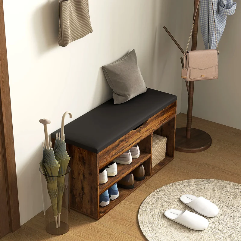 Shoe Bench with Padded Cushion, Hidden Storage, Rustic Brown