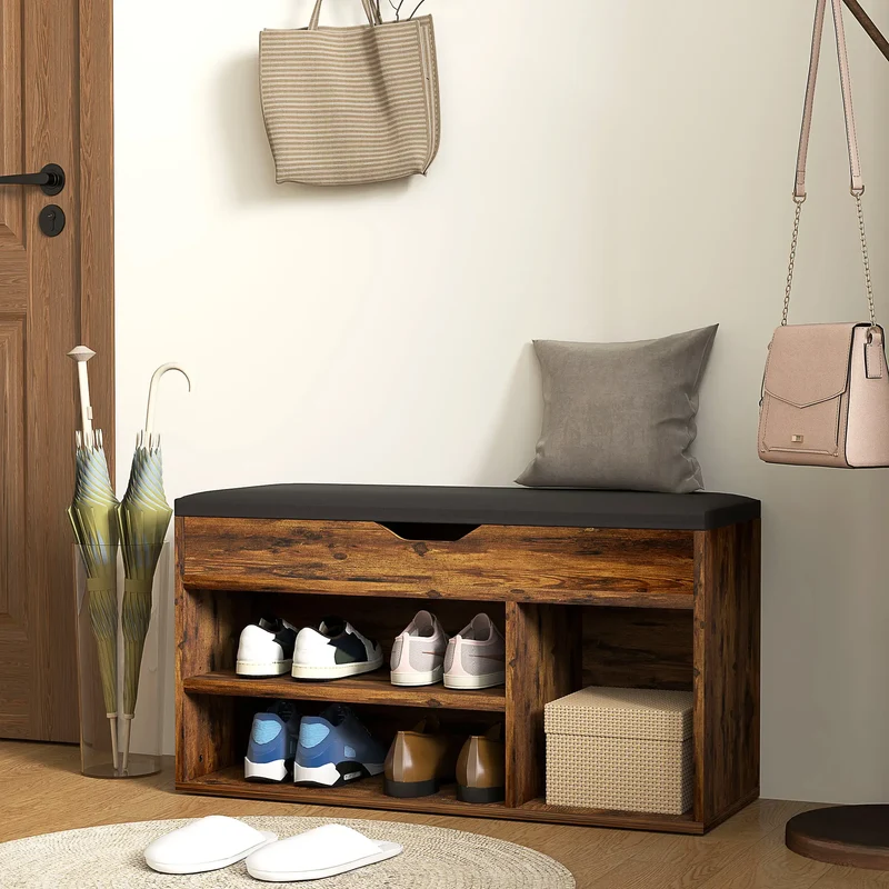 Shoe Bench with Padded Cushion, Hidden Storage, Rustic Brown