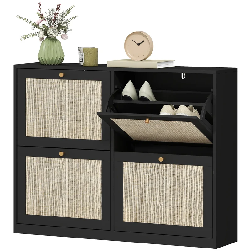 Narrow Shoe Storage Cabinet, 4 Flip Drawers, Adjustable Shelves, 20 Pairs, Black