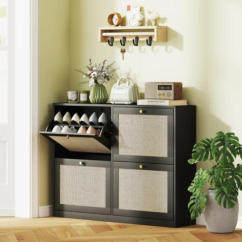 Narrow Shoe Storage Cabinet, 4 Flip Drawers, Adjustable Shelves, 20 Pairs, Black