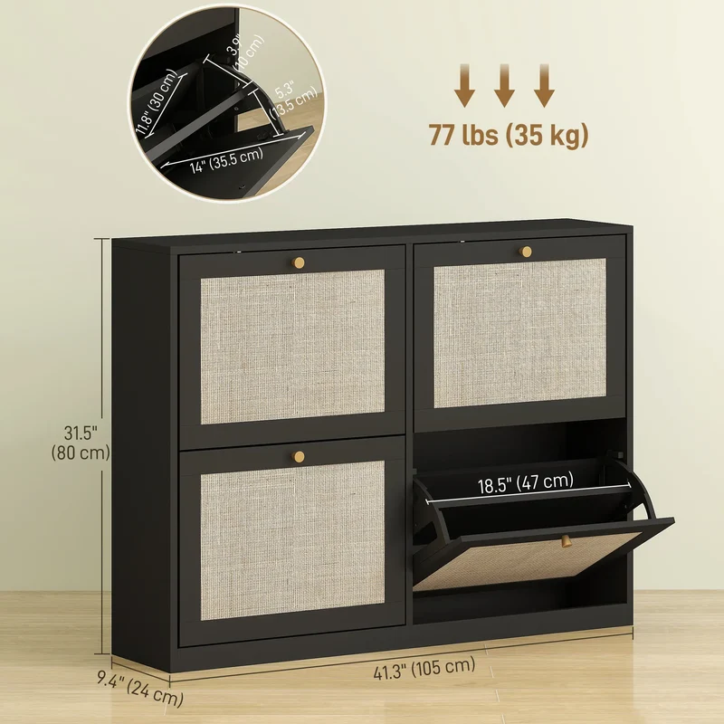 Narrow Shoe Storage Cabinet, 4 Flip Drawers, Adjustable Shelves, 20 Pairs, Black