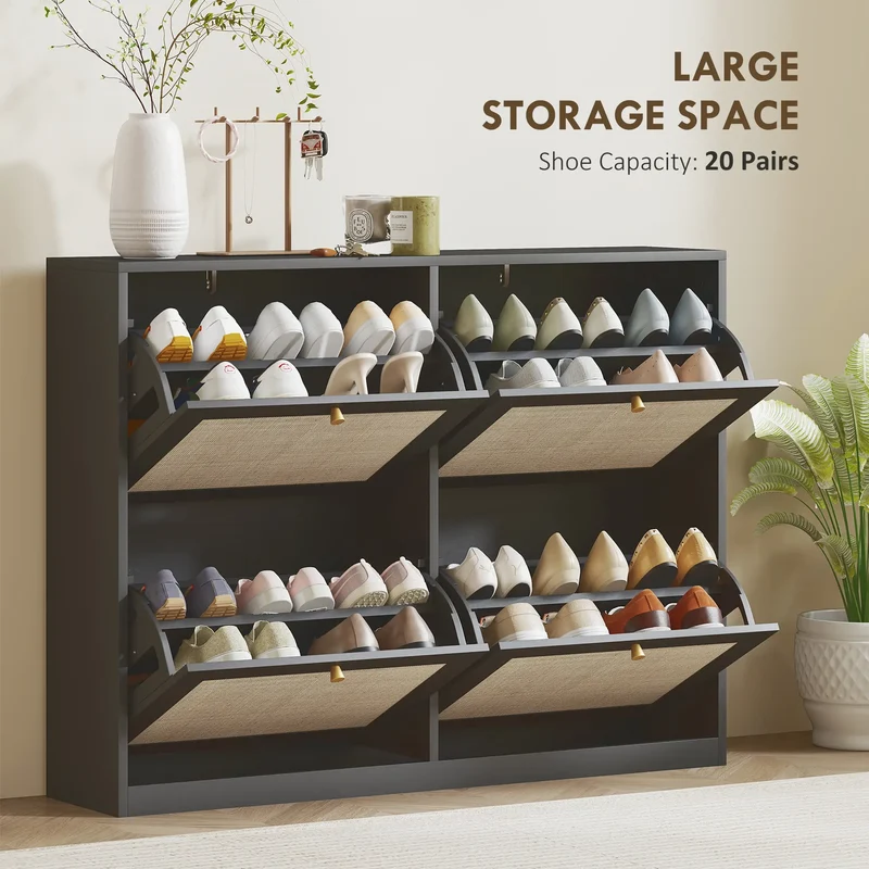 Narrow Shoe Storage Cabinet, 4 Flip Drawers, Adjustable Shelves, 20 Pairs, Black