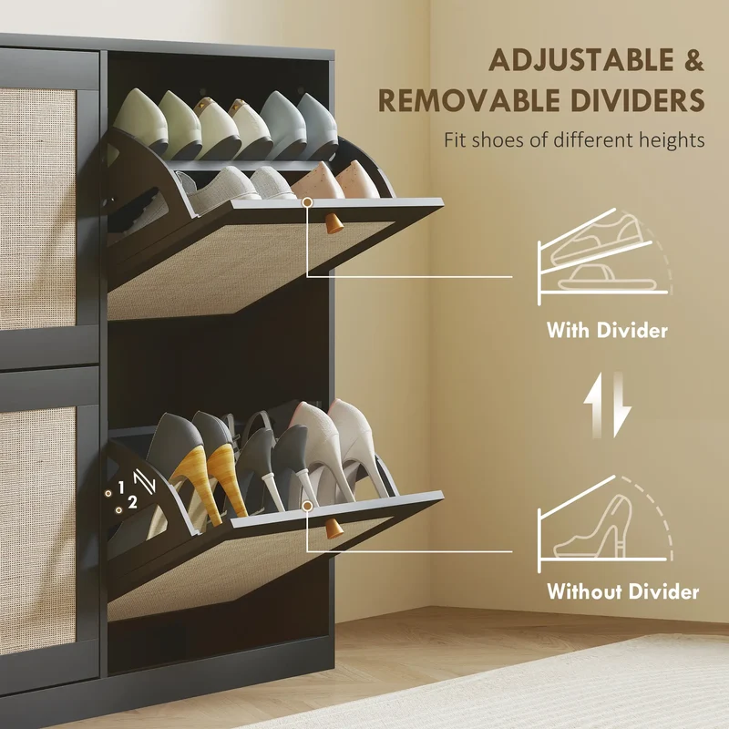 Narrow Shoe Storage Cabinet, 4 Flip Drawers, Adjustable Shelves, 20 Pairs, Black