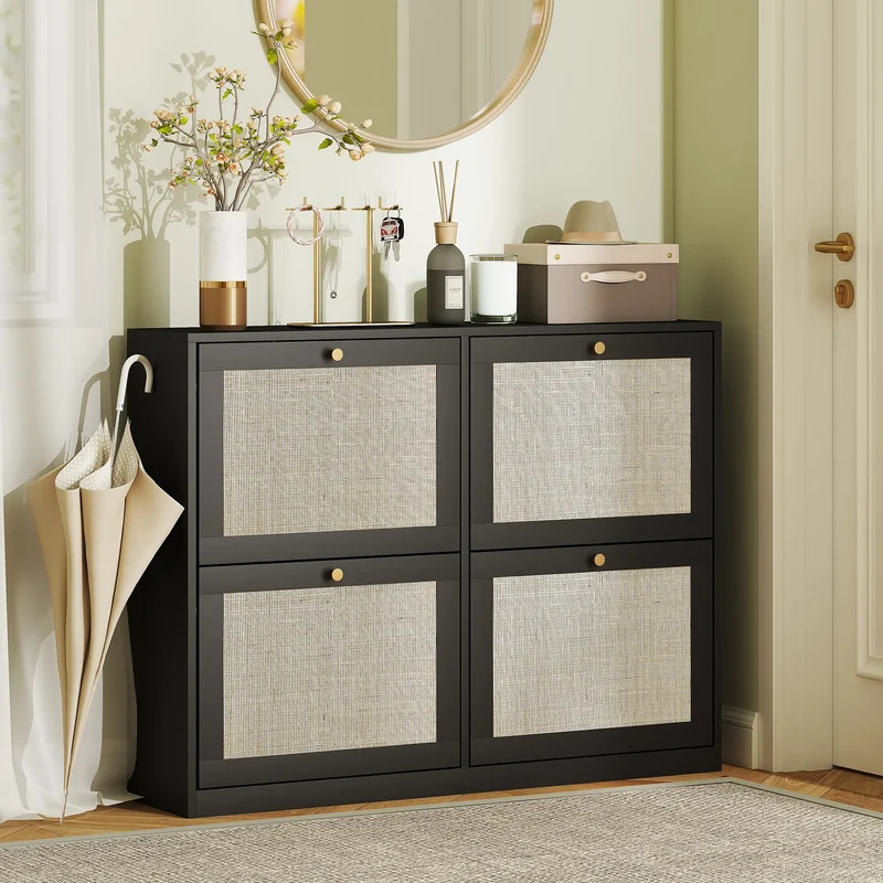 Narrow Shoe Storage Cabinet, 4 Flip Drawers, Adjustable Shelves, 20 Pairs, Black