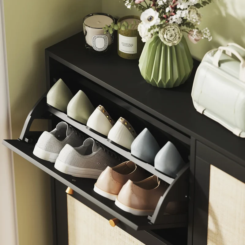 Narrow Shoe Storage Cabinet, 4 Flip Drawers, Adjustable Shelves, 20 Pairs, Black