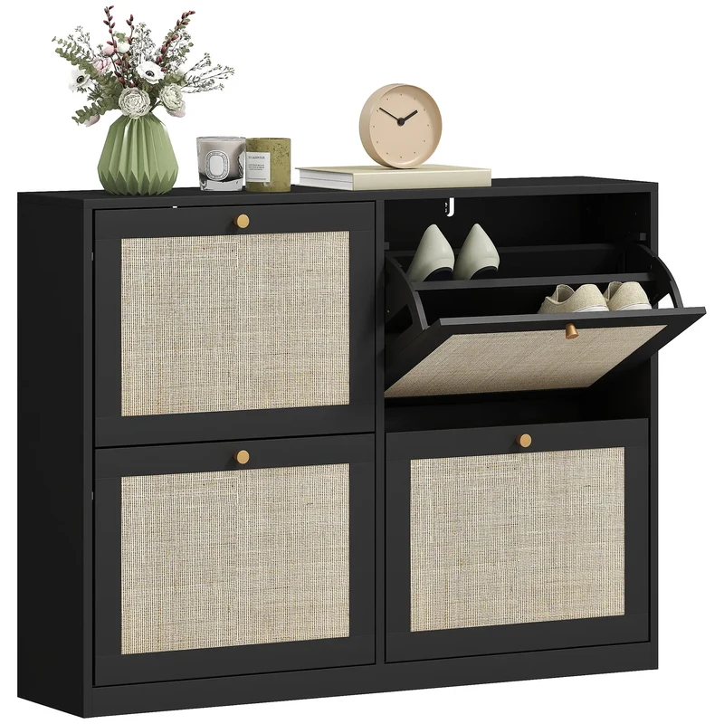Narrow Shoe Storage Cabinet, 4 Flip Drawers, Adjustable Shelves, 20 Pairs, Black