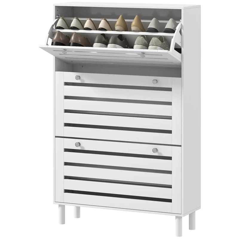 Narrow Shoe Storage Cabinet, 3 Flip Drawers, Adjustable Shelves, 24 Pairs, White