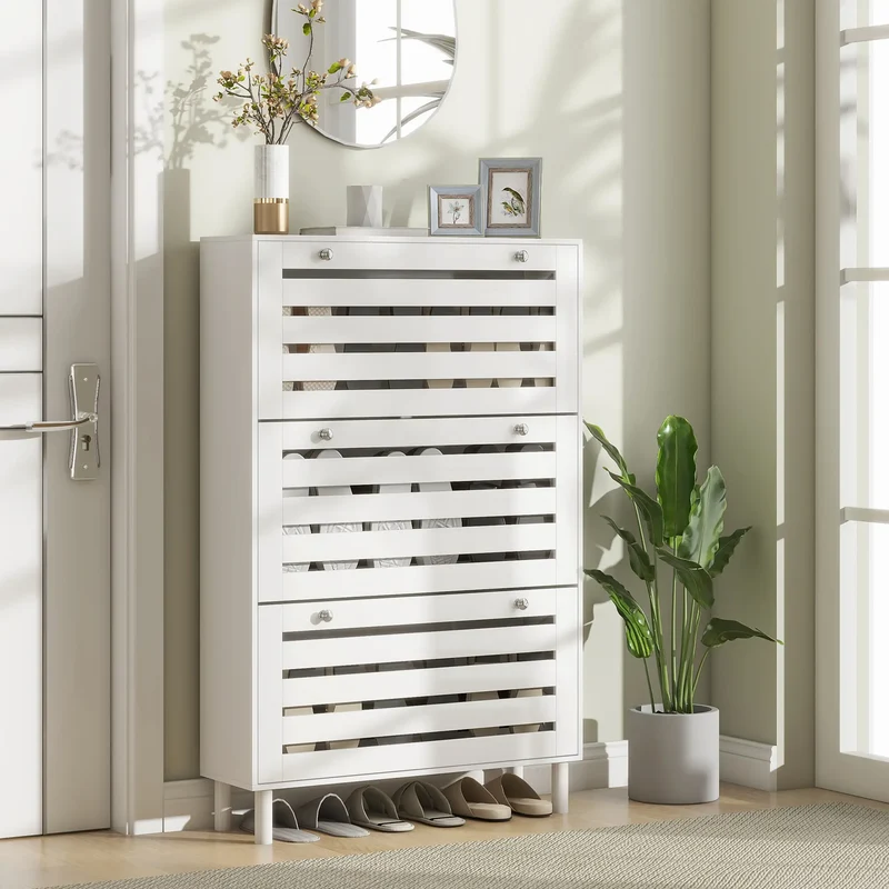 Narrow Shoe Storage Cabinet, 3 Flip Drawers, Adjustable Shelves, 24 Pairs, White