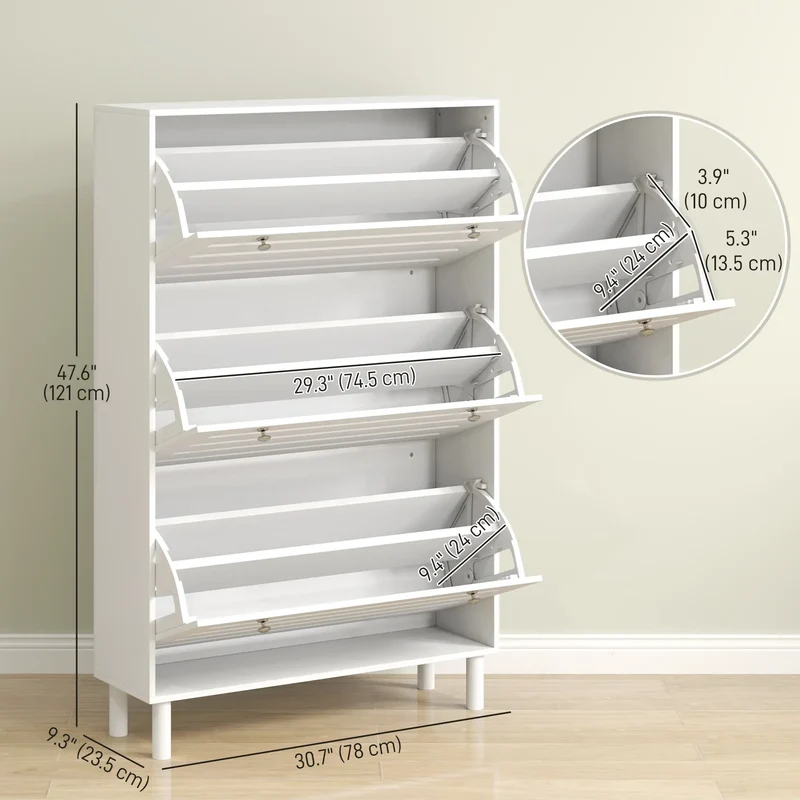 Narrow Shoe Storage Cabinet, 3 Flip Drawers, Adjustable Shelves, 24 Pairs, White
