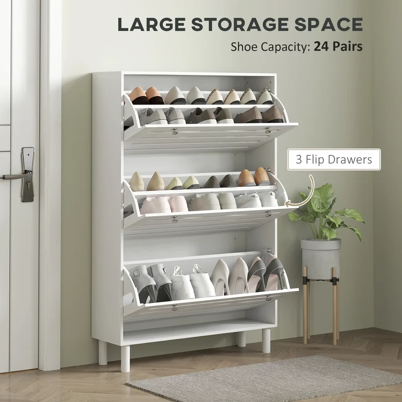 Narrow Shoe Storage Cabinet, 3 Flip Drawers, Adjustable Shelves, 24 Pairs, White