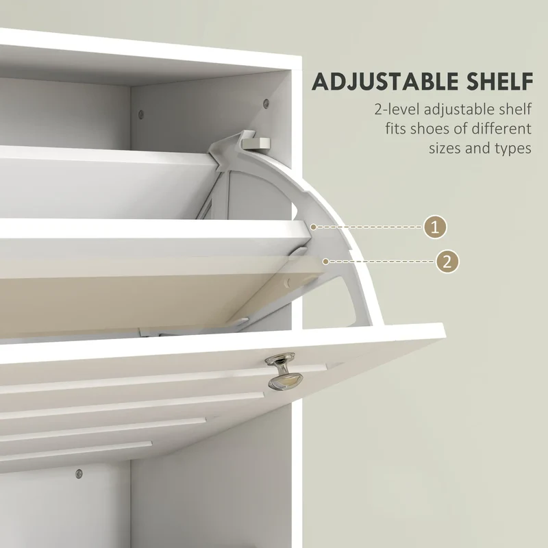 Narrow Shoe Storage Cabinet, 3 Flip Drawers, Adjustable Shelves, 24 Pairs, White