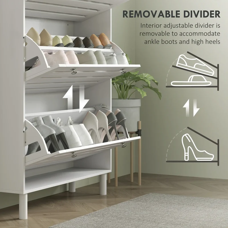 Narrow Shoe Storage Cabinet, 3 Flip Drawers, Adjustable Shelves, 24 Pairs, White