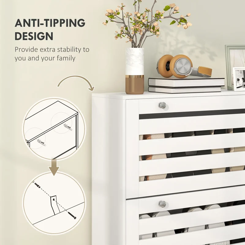 Narrow Shoe Storage Cabinet, 3 Flip Drawers, Adjustable Shelves, 24 Pairs, White