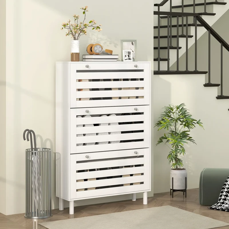 Narrow Shoe Storage Cabinet, 3 Flip Drawers, Adjustable Shelves, 24 Pairs, White