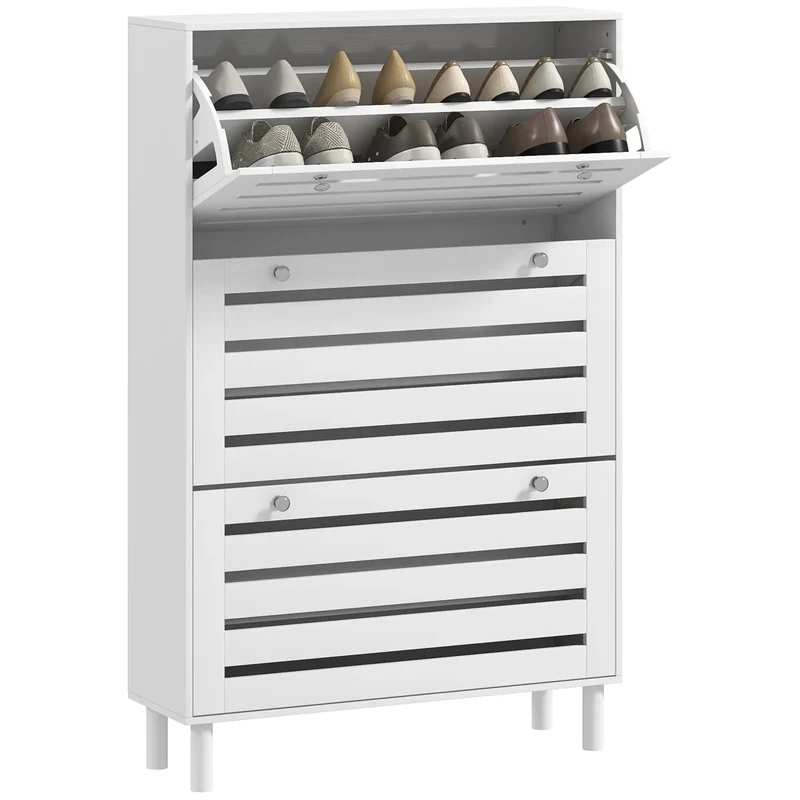 Narrow Shoe Storage Cabinet, 3 Flip Drawers, Adjustable Shelves, 24 Pairs, White