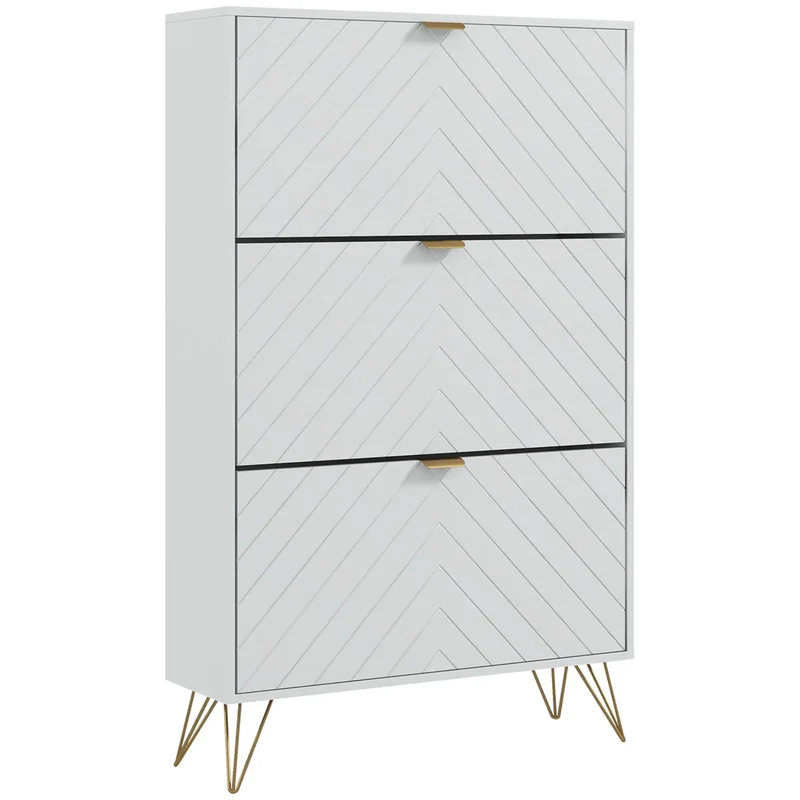 Modern Shoe Storage Cabinet, 3 Flip Drawers for 18 Pairs, Narrow, White