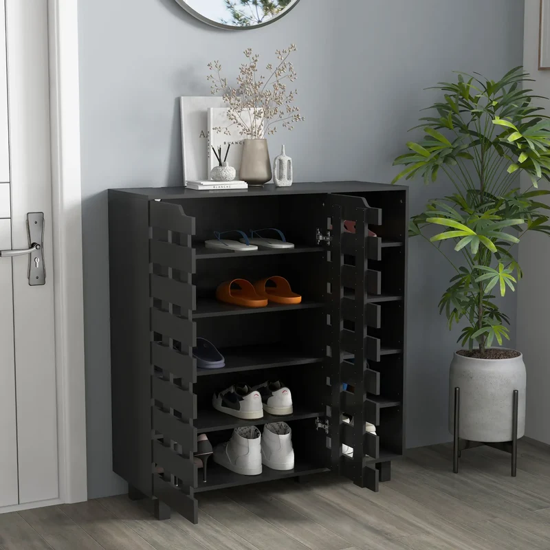 21 Pair Shoe Cabinet, 5-Tier Double Door, 5-Tier Open Shelves, Black