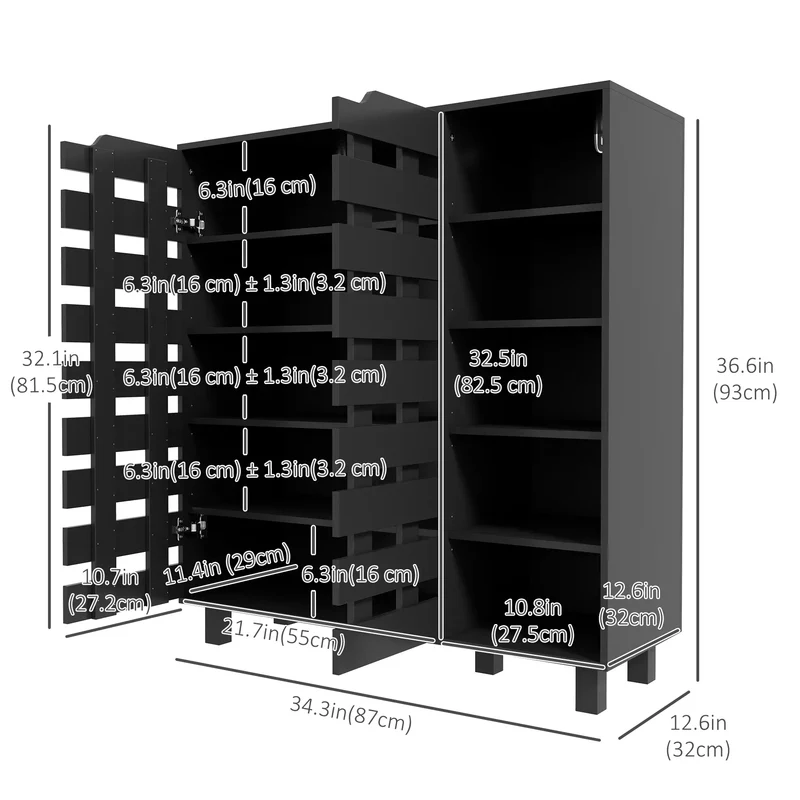 21 Pair Shoe Cabinet, 5-Tier Double Door, 5-Tier Open Shelves, Black