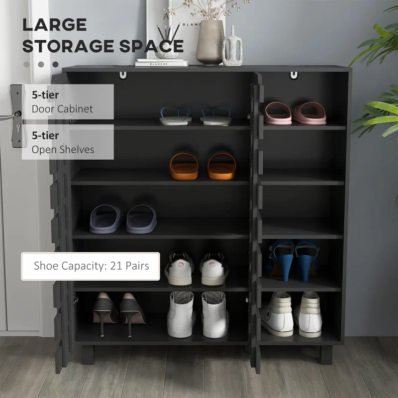 21 Pair Shoe Cabinet, 5-Tier Double Door, 5-Tier Open Shelves, Black