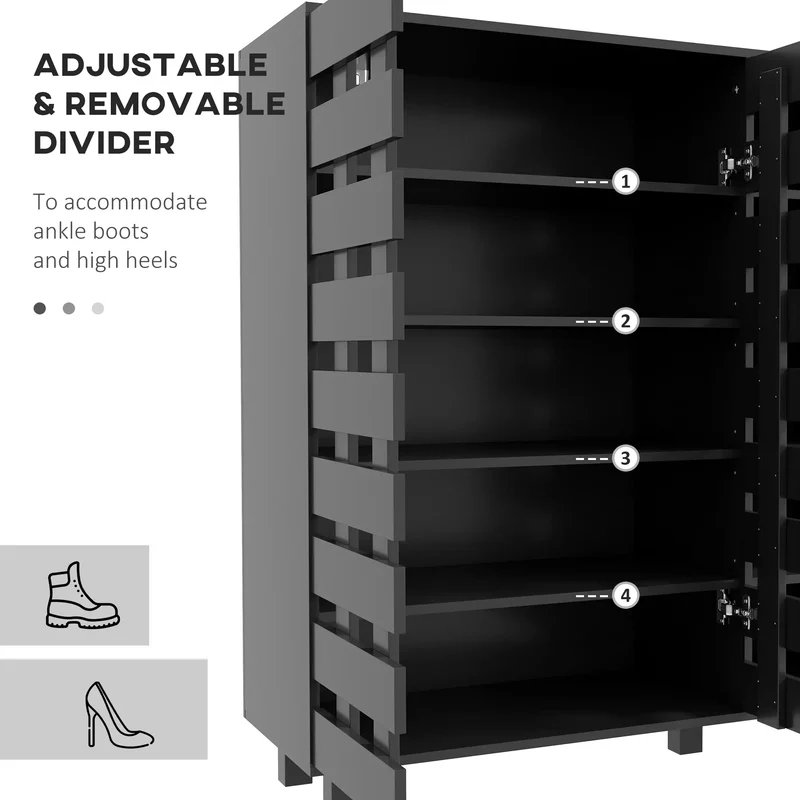 21 Pair Shoe Cabinet, 5-Tier Double Door, 5-Tier Open Shelves, Black