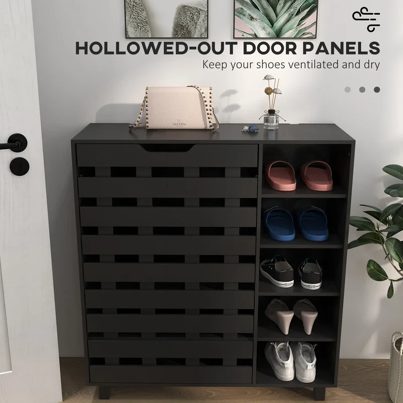 21 Pair Shoe Cabinet, 5-Tier Double Door, 5-Tier Open Shelves, Black