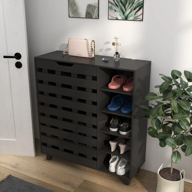 21 Pair Shoe Cabinet, 5-Tier Double Door, 5-Tier Open Shelves, Black
