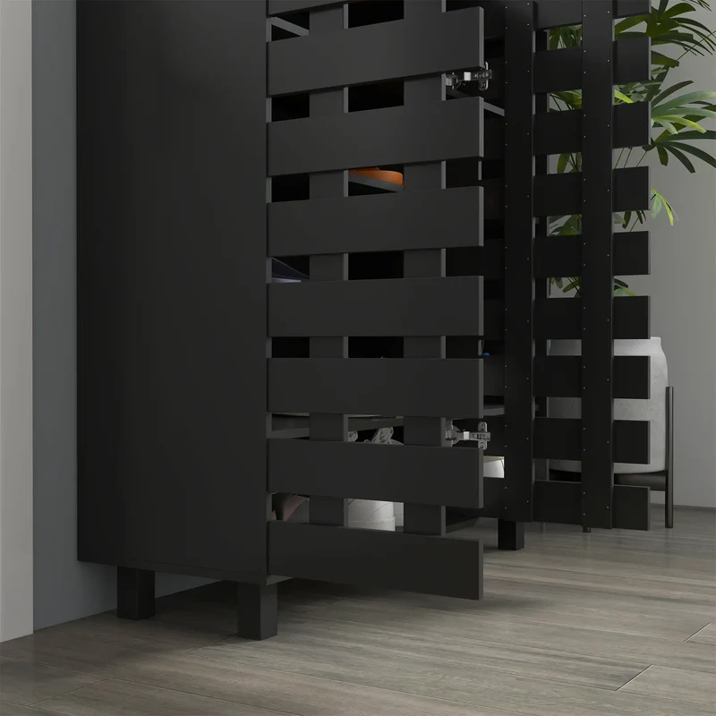 21 Pair Shoe Cabinet, 5-Tier Double Door, 5-Tier Open Shelves, Black