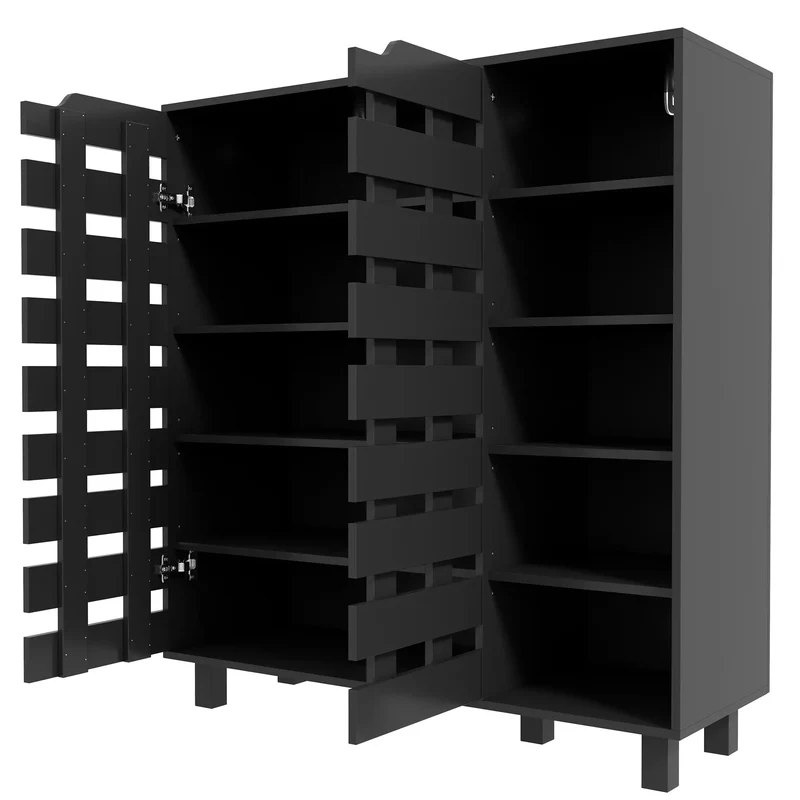 21 Pair Shoe Cabinet, 5-Tier Double Door, 5-Tier Open Shelves, Black