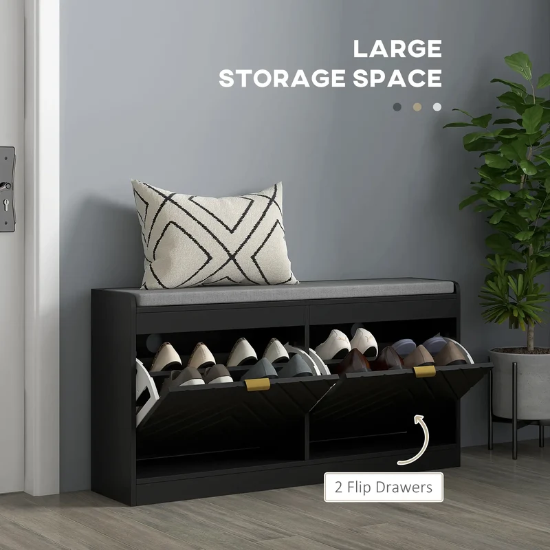 Shoe Storage Bench with Seat, 2 Flip Drawers, 4 Vents, Holds 8 Pairs
