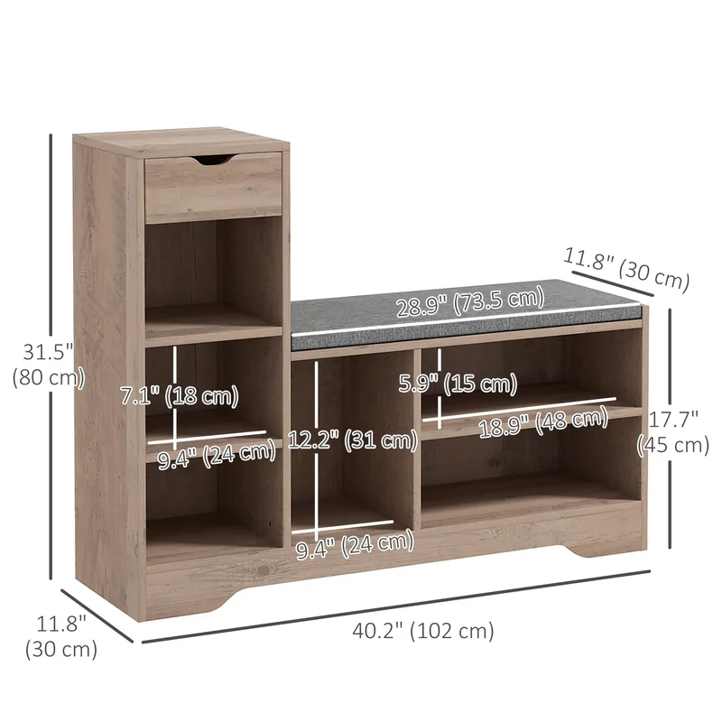 Upholstered Shoe Storage Bench With Seat, Drawer, 6 Shelves, Grey
