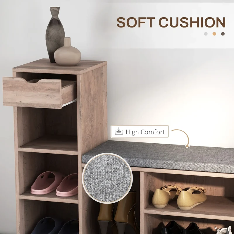 Upholstered Shoe Storage Bench With Seat, Drawer, 6 Shelves, Grey