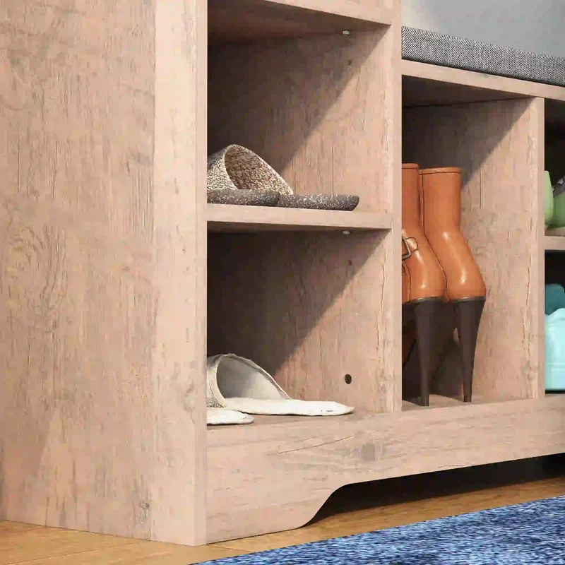 Upholstered Shoe Storage Bench With Seat, Drawer, 6 Shelves, Grey