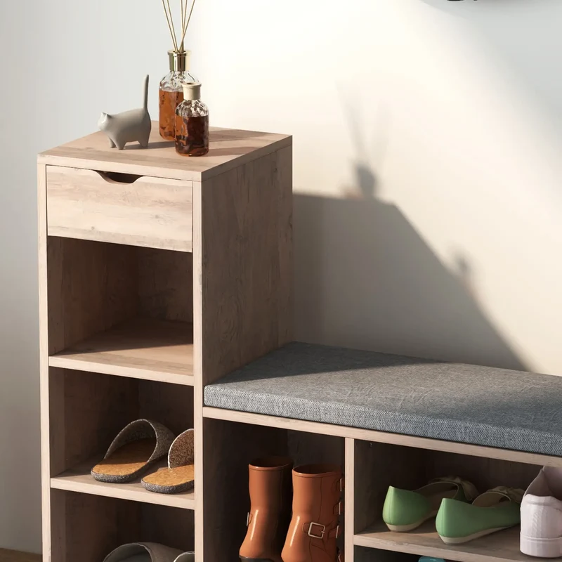 Upholstered Shoe Storage Bench With Seat, Drawer, 6 Shelves, Grey