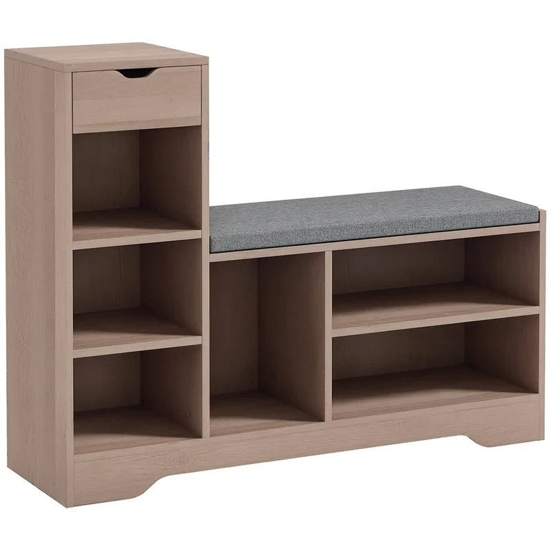 Upholstered Shoe Storage Bench With Seat, Drawer, 6 Shelves, Grey