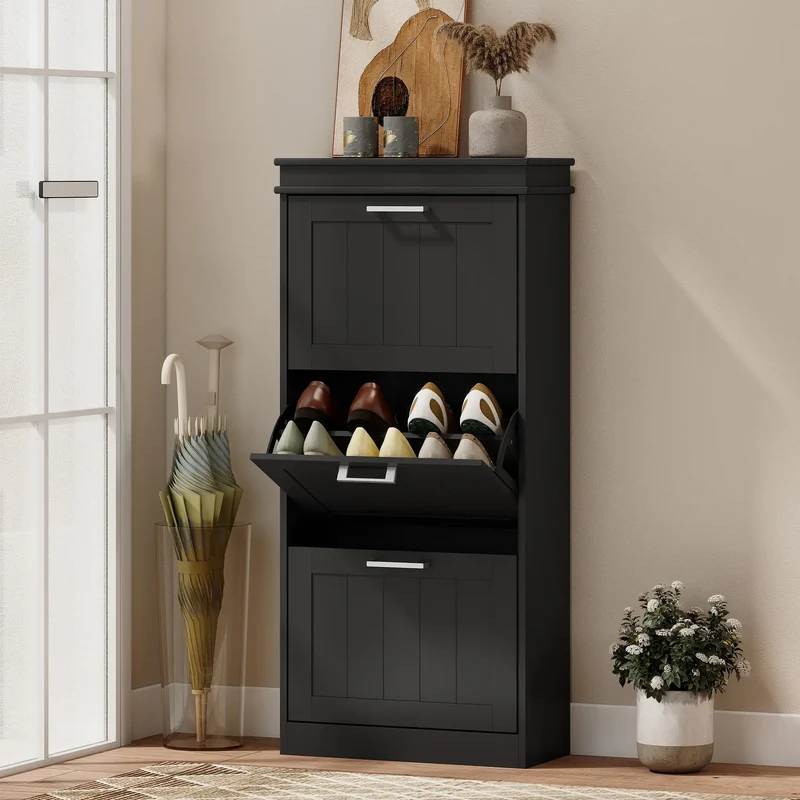 Slim Shoe Cabinet, 3 Flip Drawers, Adjustable Shelves, Holds 15 Pairs, Black