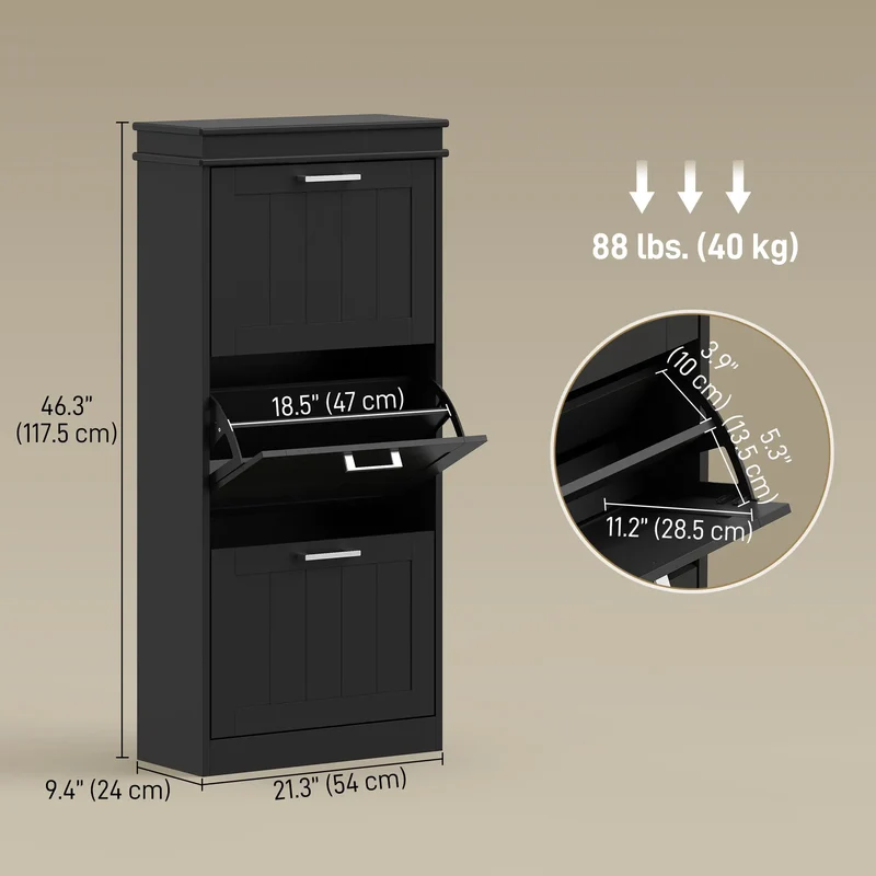 Slim Shoe Cabinet, 3 Flip Drawers, Adjustable Shelves, Holds 15 Pairs, Black