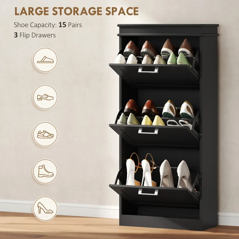 Slim Shoe Cabinet, 3 Flip Drawers, Adjustable Shelves, Holds 15 Pairs, Black