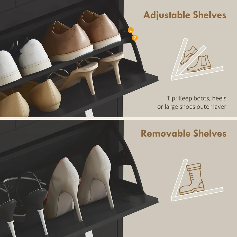 Slim Shoe Cabinet, 3 Flip Drawers, Adjustable Shelves, Holds 15 Pairs, Black