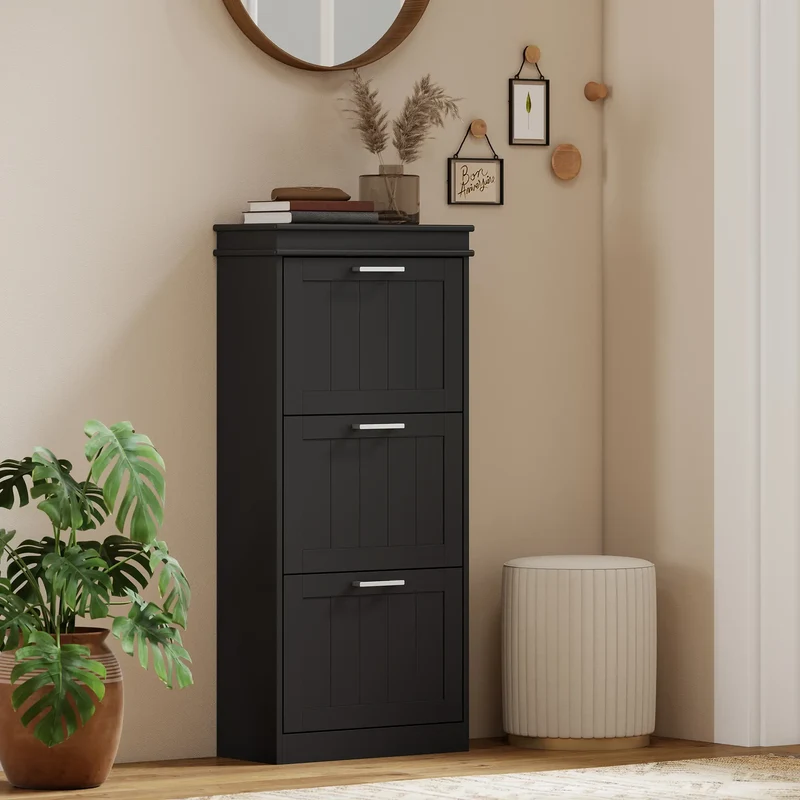 Slim Shoe Cabinet, 3 Flip Drawers, Adjustable Shelves, Holds 15 Pairs, Black