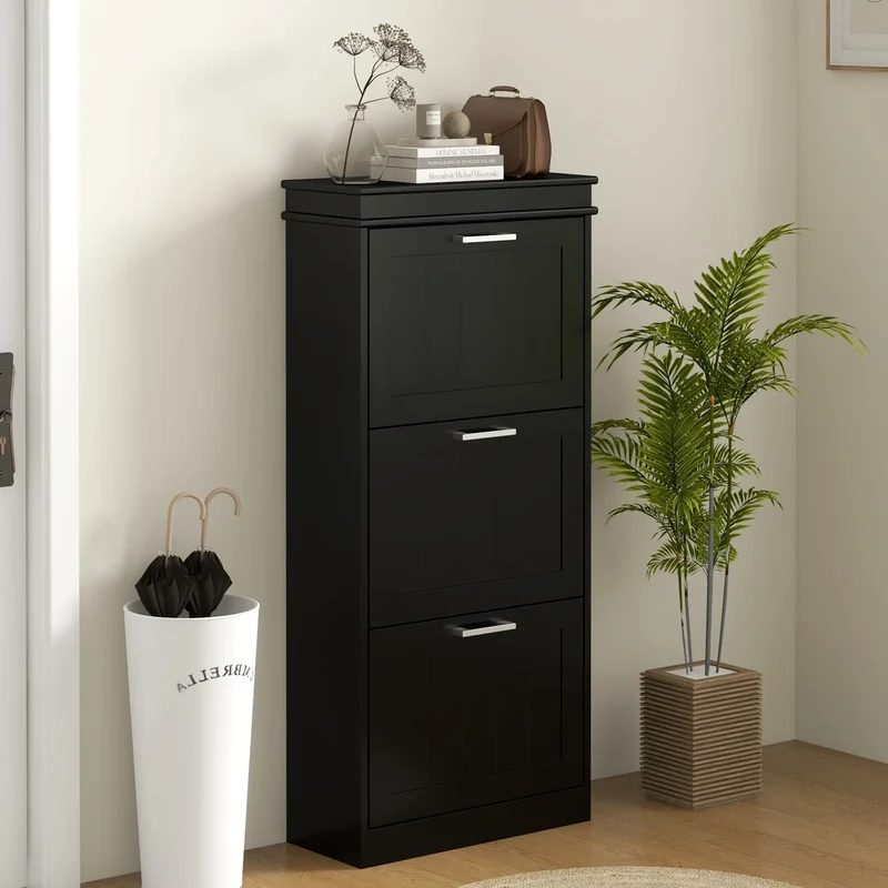Slim Shoe Cabinet, 3 Flip Drawers, Adjustable Shelves, Holds 15 Pairs, Black