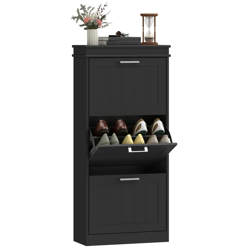 Slim Shoe Cabinet, 3 Flip Drawers, Adjustable Shelves, Holds 15 Pairs, Black