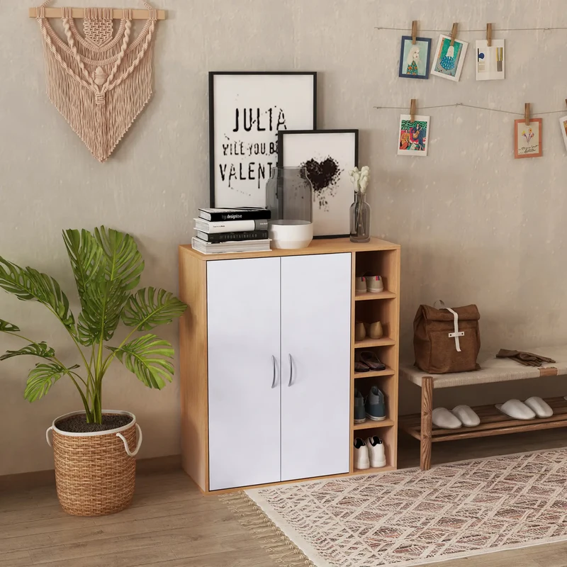 35.5" Shoe Cabinet, 3-Tier Adjustable Shelves, 5 Open Cubes, Natural