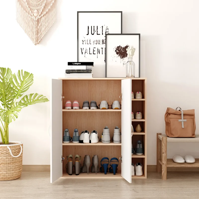 35.5" Shoe Cabinet, 3-Tier Adjustable Shelves, 5 Open Cubes, Natural