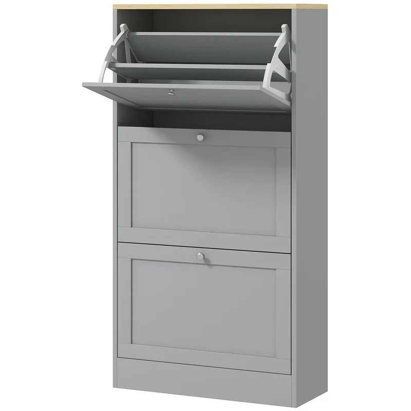 Modern Shoe Storage, 3 Flip Drawers, Adjustable Shelves, 18 Pairs, Grey