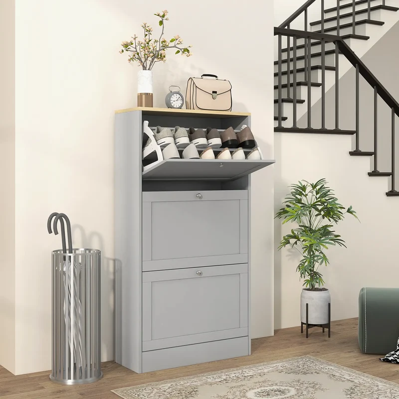 Modern Shoe Storage, 3 Flip Drawers, Adjustable Shelves, 18 Pairs, Grey