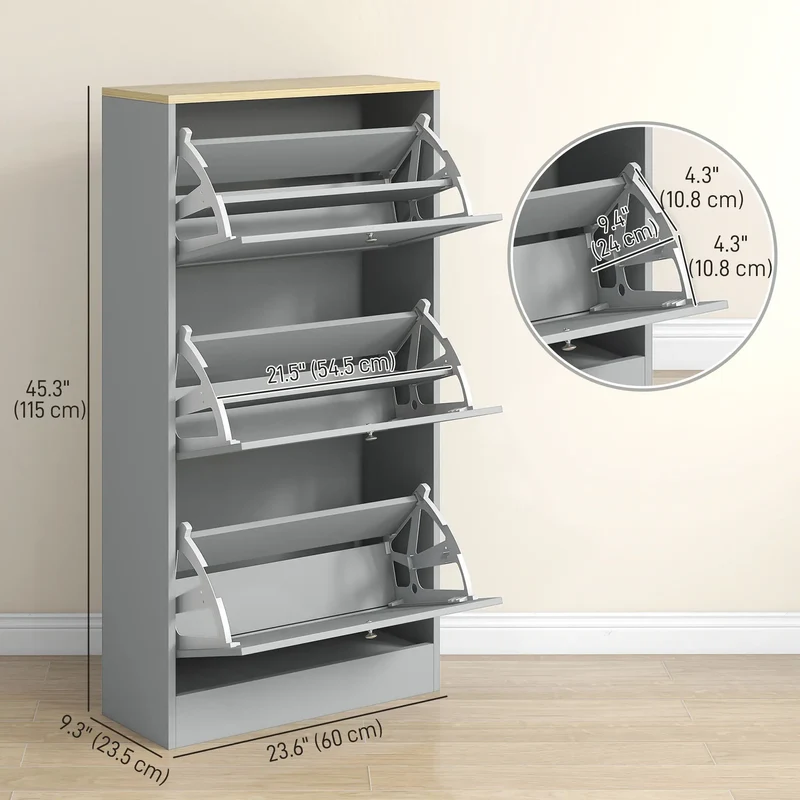 Modern Shoe Storage, 3 Flip Drawers, Adjustable Shelves, 18 Pairs, Grey